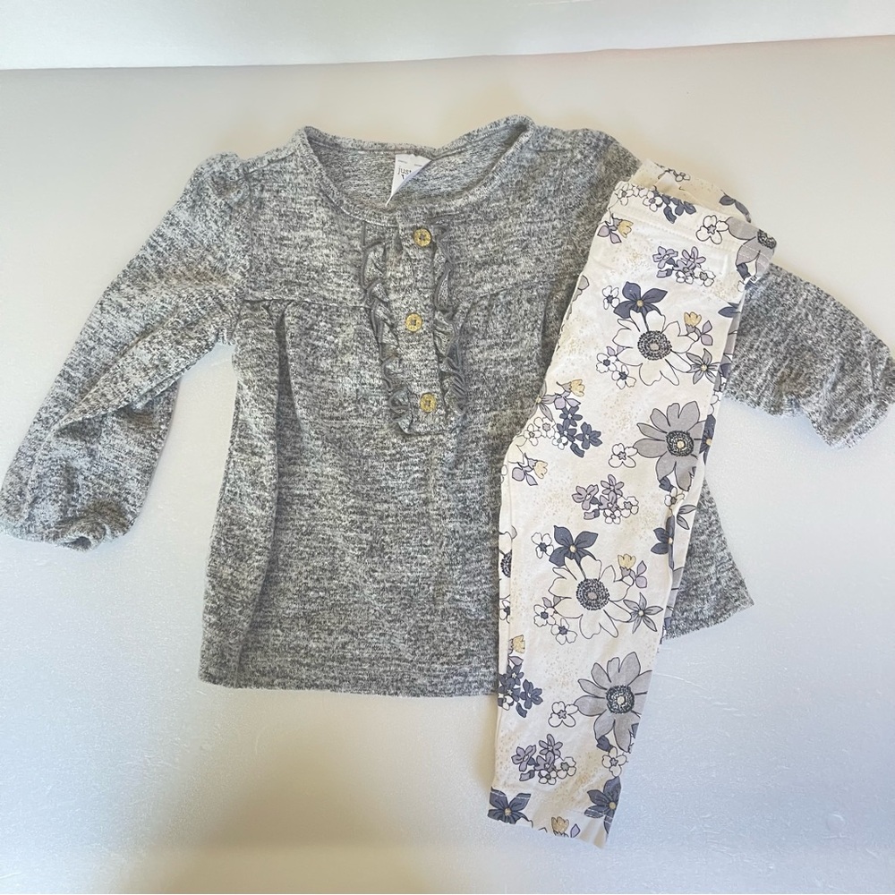 Carter's Gray Long Sleeve Flannel Ruffle Button Top with Floral Leggings- 12M